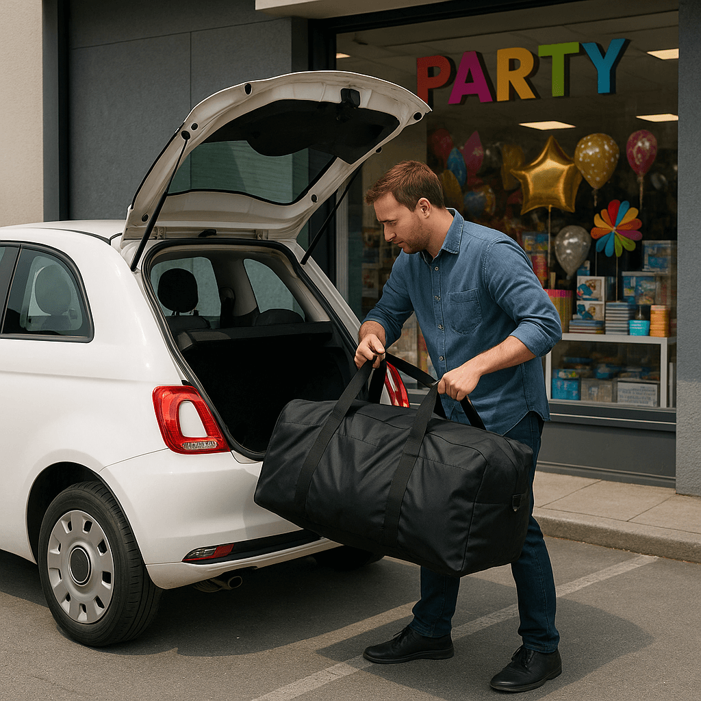 Mann lädt Fotobox Tasche vor Partygeschäft